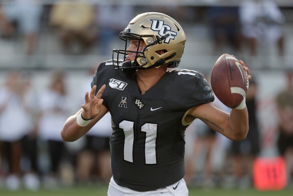 Central Florida quarterback Dillon Gabriel throws a 1-yard touchdown pass against Stanford during the second half of an NCAA college football game, Saturday, Sept. 14, 2019, in Orlando, Fla. (AP Photo/John Raoux)