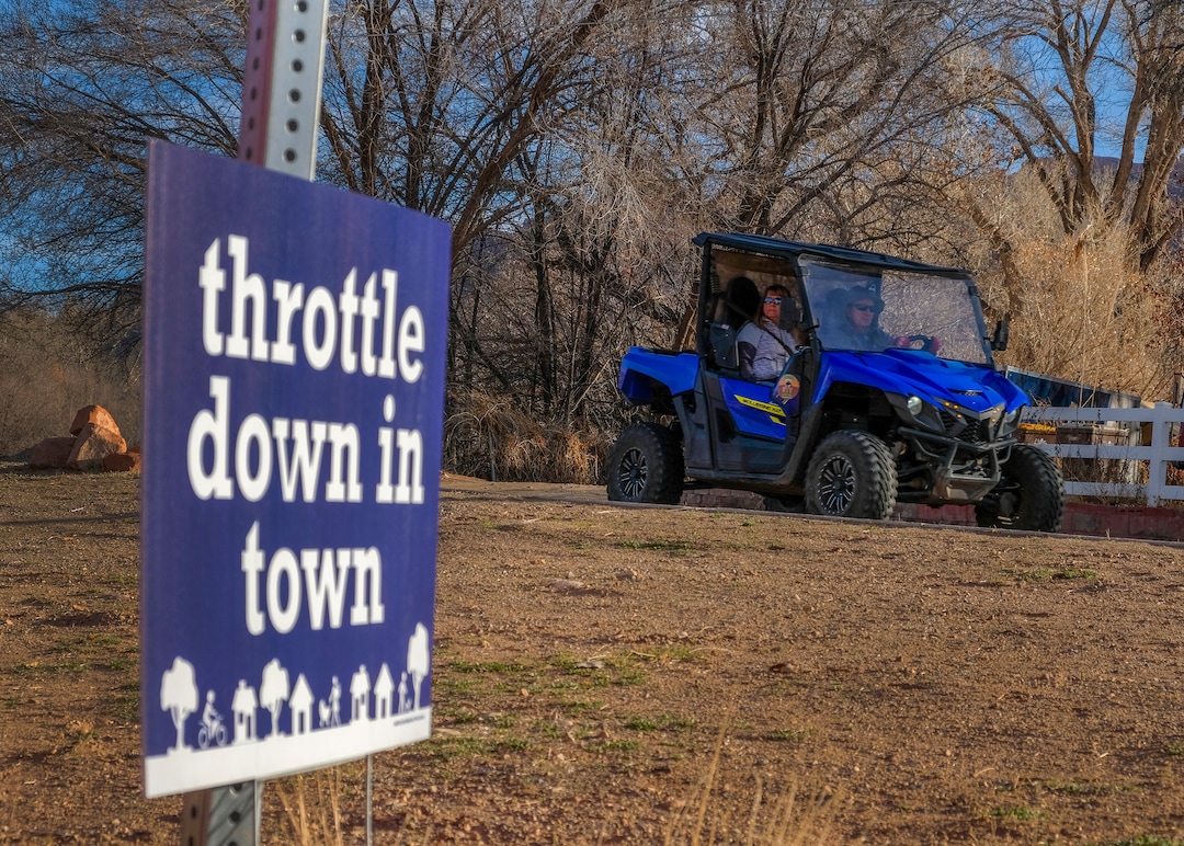 (Leah Hogsten | The Salt Lake Tribune) In January, Moab waged an educational campaign urging residents and out of towners driving off-road utility terrain vehicles (UTVs) to ÒThrottle Down in TownÓ and imposed lower speed limits for side-by-sides, Feb. 19, 2021.