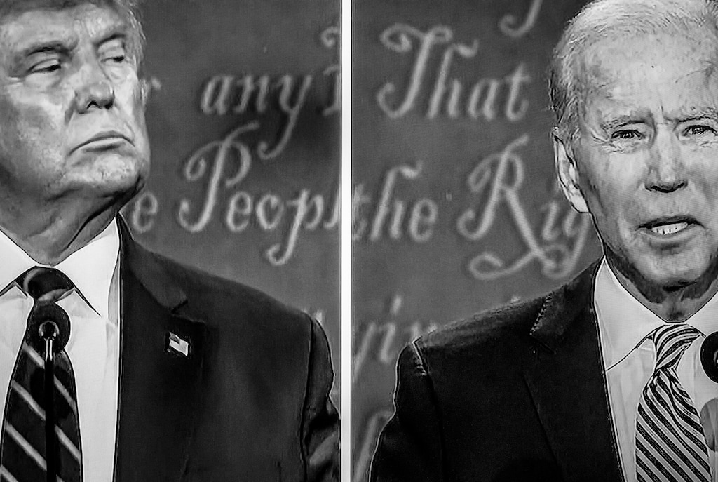 FILE — President Donald Trump and former Vice President Joe Biden during their first presidential debate in Cleveland, pictured on a television screen during the live broadcast in New York, Sept. 29, 2020. (Damon Winter/The New York Times)
