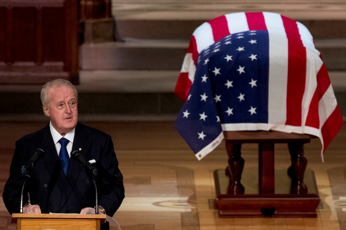 Former Canadian Prime Minister Brian Mulroney speaks during the State Funeral for former President George H.W. Bush at the National Cathedral, Wednesday, Dec. 5, 2018, in Washington. (AP Photo/Andrew Harnik, Pool)