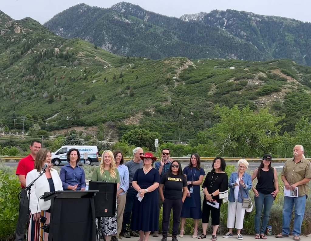 (Jacob Scholl | The Salt Lake Tribune) Salt Lake County Mayor Jenny Wilson voices her opposition to a proposed gondola through Little Cottonwood Canyon during an event on Wednesday, June 22, 2022, in Sandy.