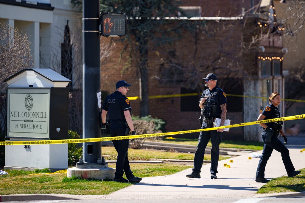 (Trent Nelson  |  The Salt Lake Tribune) Police at the scene of a fight and stabbing near 100 South 400 East in Salt Lake City on Tuesday, March 19, 2024.