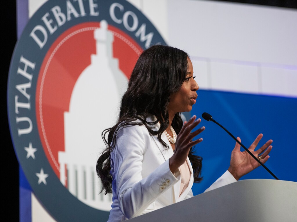 (Scott G Winterton | Deseret News, pool photo) Congresswoman Mia Love answers a question as she and Salt Lake County mayor Ben McAdams take part in a debate at the Gail Miller Conference Center at Salt Lake Community College in Sandy as the two battle for Utah's 4th Congressional District on Monday, Oct. 15, 2018.