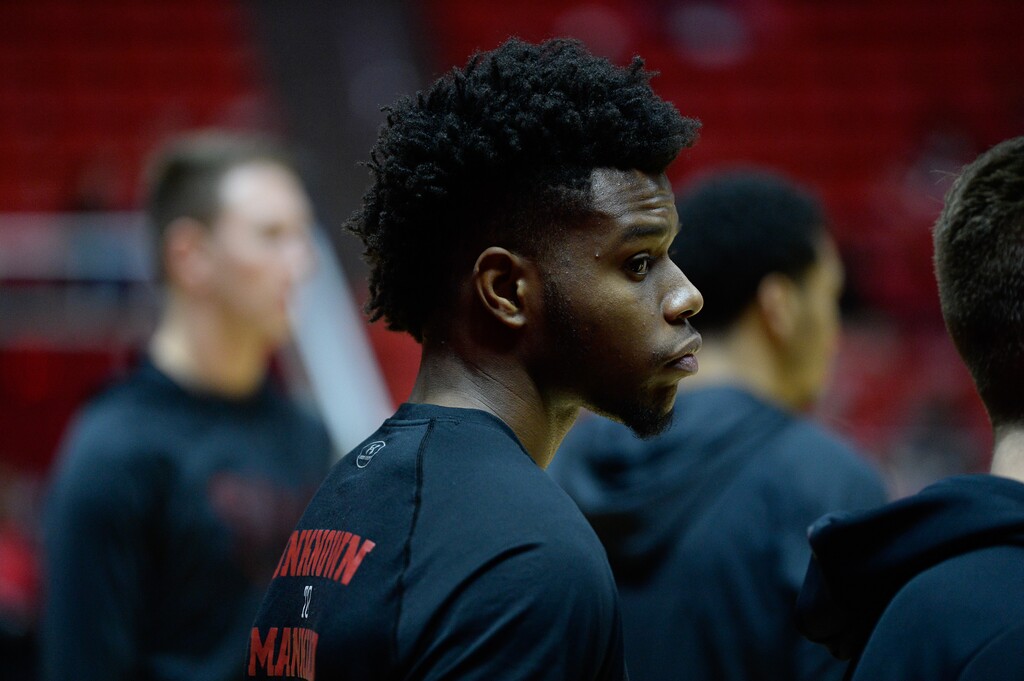 (Francisco Kjolseth | The Salt Lake Tribune) Utes redshirt freshman Devante Doutrive practices with the rest of the team during their game against UCLA at the Huntsman Center on Thursday, Feb. 22, 2018. Doutrive, who is sitting out this season, is expected to have the biggest impact of any addition to next year's team. He has been allowed to practice this season but sits out of the games.