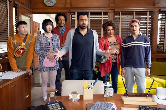 (Photo courtesy Colleen Hayes/NBC) Joel Kim Booster as Jun Ho, Poppy Liu as Mei Lin, Samba Schutte as Hakim, Kal Penn as Garrett, Diana Marie Riva as Griselda and Moses Storm as Brady in “Sunnyside.”