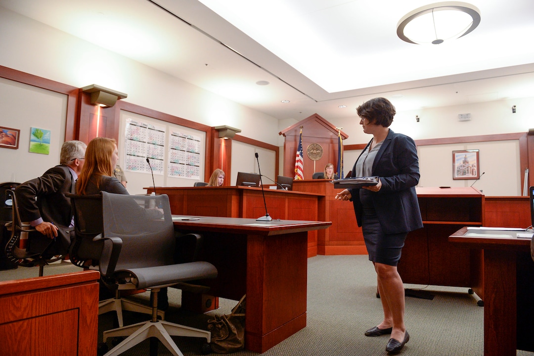 (Leah Hogsten  |  The Salt Lake Tribune)   Attorneys Leah Farrell (right) with the AmericanÊCivil Liberties UnionÊof Utah and Randy Richards argued on behalf of their plaintiff Tilli Buchanan that UtahÕs lewdness statute is unconstitutional because it discriminates against women in Judge Kara Pettit's Third District Courtroom, Nov. 19, 2019.  Buchanan is facing charges of lewdness involving a child after police say she took off her top while cleaning out the garage and her stepchildren saw her breasts. Judge Pettit is expected to rule in two months.