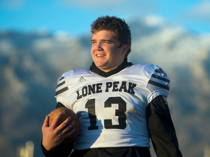 (Rick Egan  |  The Salt Lake Tribune)   Lone Peak fullback Masen Wake, at practice, Tuesday, November 7, 2017.