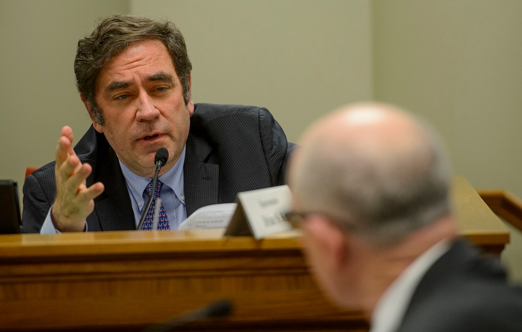 (Steve Griffin  |  Tribune file photo)  House Minority Leader Brian King, D-Salt Lake City asks a question of Rep. Stephen G. Handy R- Layton sponsor of HB483 during the House Judiciary Committee meeting during the 2018 Legislature at the State capitol Salt Lake City Monday March 5, 2018. King on Wednesday moderated a town hall meeting on tax reform.