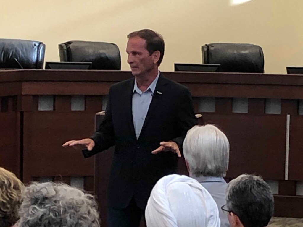 (Lee Davidson | The Salt Lake Tribune) Rep. Chris Stewart talks during a town hall meeting at the North Salt Lake City Hall that became rowdy on Aug. 7, 2019.