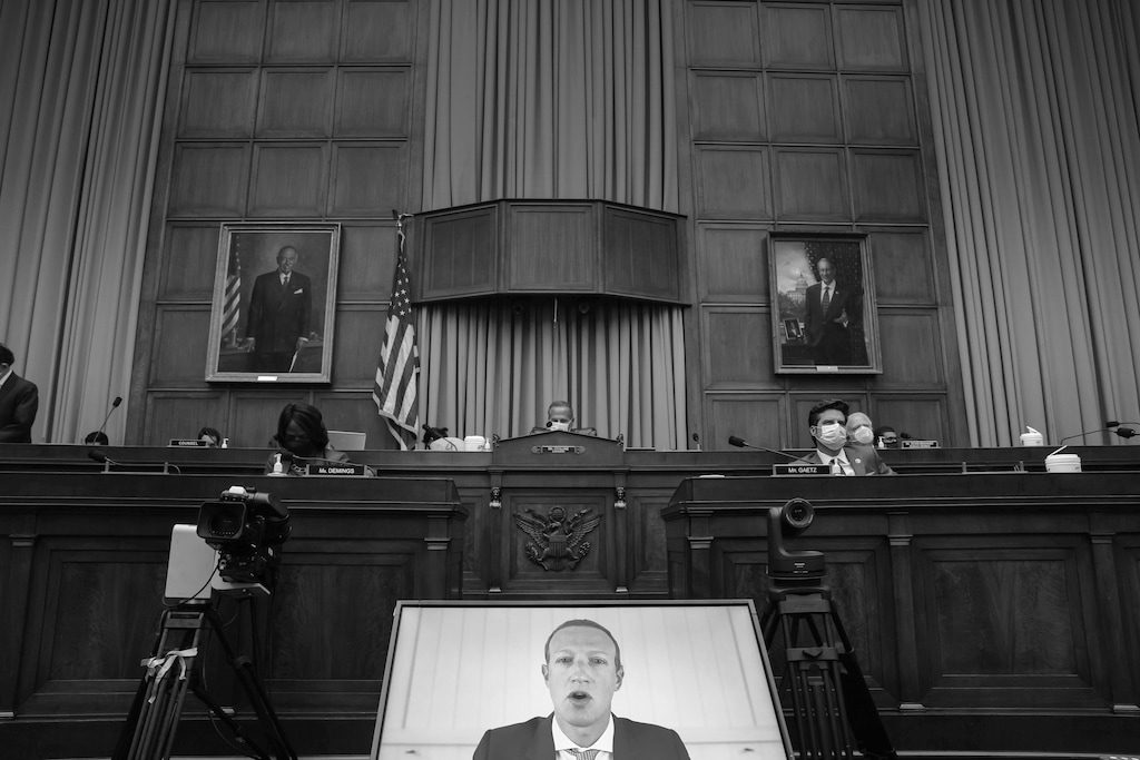 (Graeme Jennings | The New York Times file photo, pool)  Facebook CEO Mark Zuckerberg testifies via videoconference before a hearing of the House Judiciary Subcommittee on antitrust, in Washington, on Wednesday, July 29, 2020.