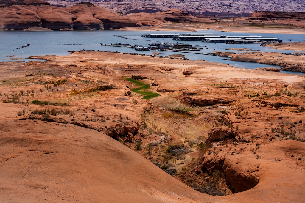 (Rick Egan | The Salt Lake Tribune) Low water levels at Bullfrog resort, on Sunday, May 16, 2021. Rep. Phil Lyman wants to see a new $270 million bridge constructed between Bullfrog and Halls Crossing, replacing a ferry service that has struggled to operate due to low reservoir levels.