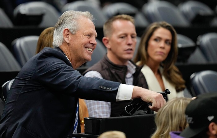 (Francisco Kjolseth | The Salt Lake Tribune) Former BYU basketball player Danny Ainge who was just named CEO of the Utah Jazz is congratulated prior to the Jazz game against the LA Clippers at Vivint Smart Home Arena on Wednesday, Dec. 15, 2021.