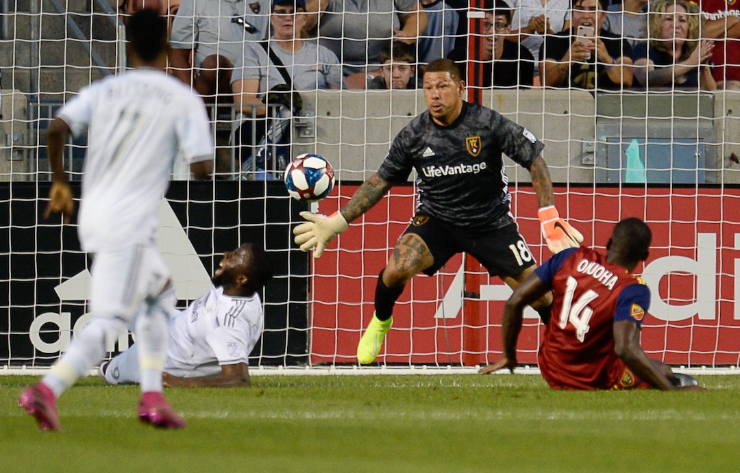 (Francisco Kjolseth  |  The Salt Lake Tribune)  Real Salt Lake goalkeeper Nick Rimando (18) makes one of many saves as Real Salt Lake hosts Los Angeles FC at Rio Tinto Stadium in Sandy on Saturday, Aug. 17, 2019.