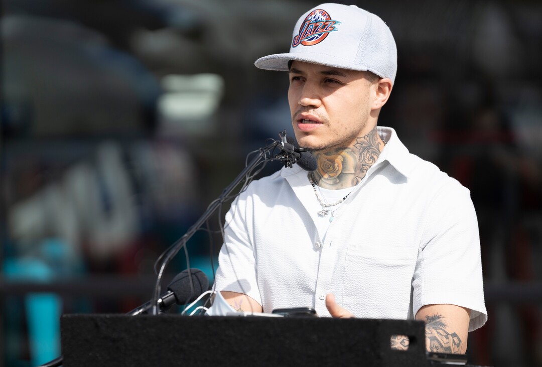 (Rick Egan | The Salt Lake Tribune) Ricky Arriola, Break Bread Barber Co., speaks at a news conference along with Salt Lake City Mayor Erin Mendenhall, encouraging citizens to keep wearing masks, after the state mask mandate ends, Friday, March 19, 2021.