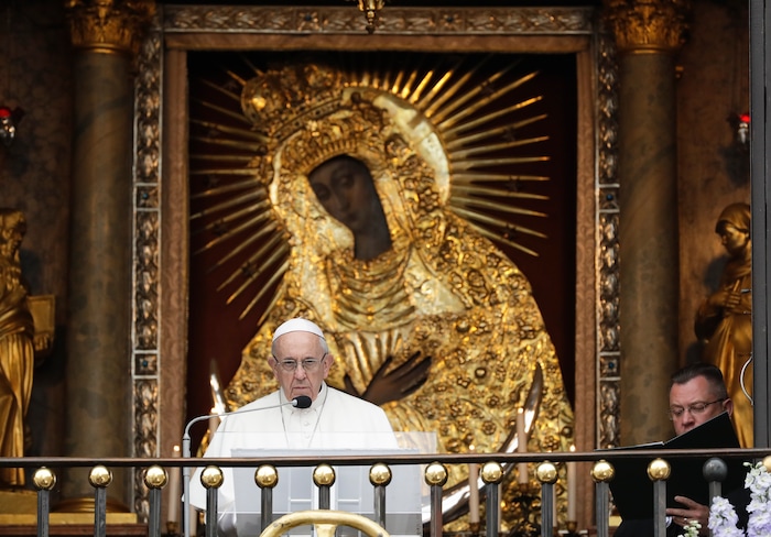 (Andrew Medichini  |  AP Photo)  Pope Francis speaks during his visit to the Mater Misericordiae Shrine in Vilnius, Lithuania, Saturday, Sept. 22, 2018. Pope Francis begins a four-day visit to the Baltics amid renewed alarm about Moscow's intentions in the region it has twice occupied