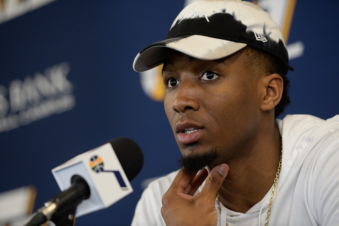 (Francisco Kjolseth  |  The Salt Lake Tribune)  Utah Jazz      guard Donovan Mitchell speaks with the media during exit interviews at their practice facility in Salt Lake City Wed., May 8, 2018, after losing to the Houston Rockets in game 5 of their Western Conference Semifinals during the 2018 NBA Playoffs.