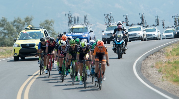 (Rick Egan  |  The Salt Lake Tribune) Cyclists ride through Hill Air Force Base in stage 5, of the Tour of Utah, Friday, August 4, 2017.


