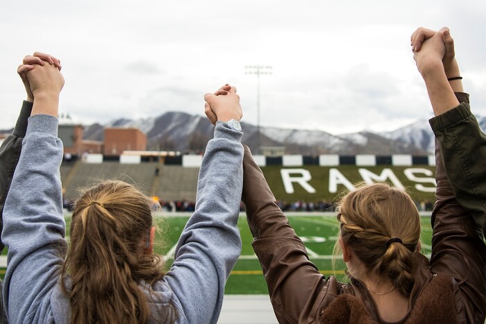 (Chris Detrick  |  The Salt Lake Tribune)  Students at Highland High School in Salt Lake City gather on the football field to participate in a nationwide demonstration for better gun safety laws Thursday, March 15, 2018. Students at more than 30 schools along the Wasatch Front, nearly all of them high schools, particiapted in the 17-minute walkout — one minute for each of the Florida students killed.