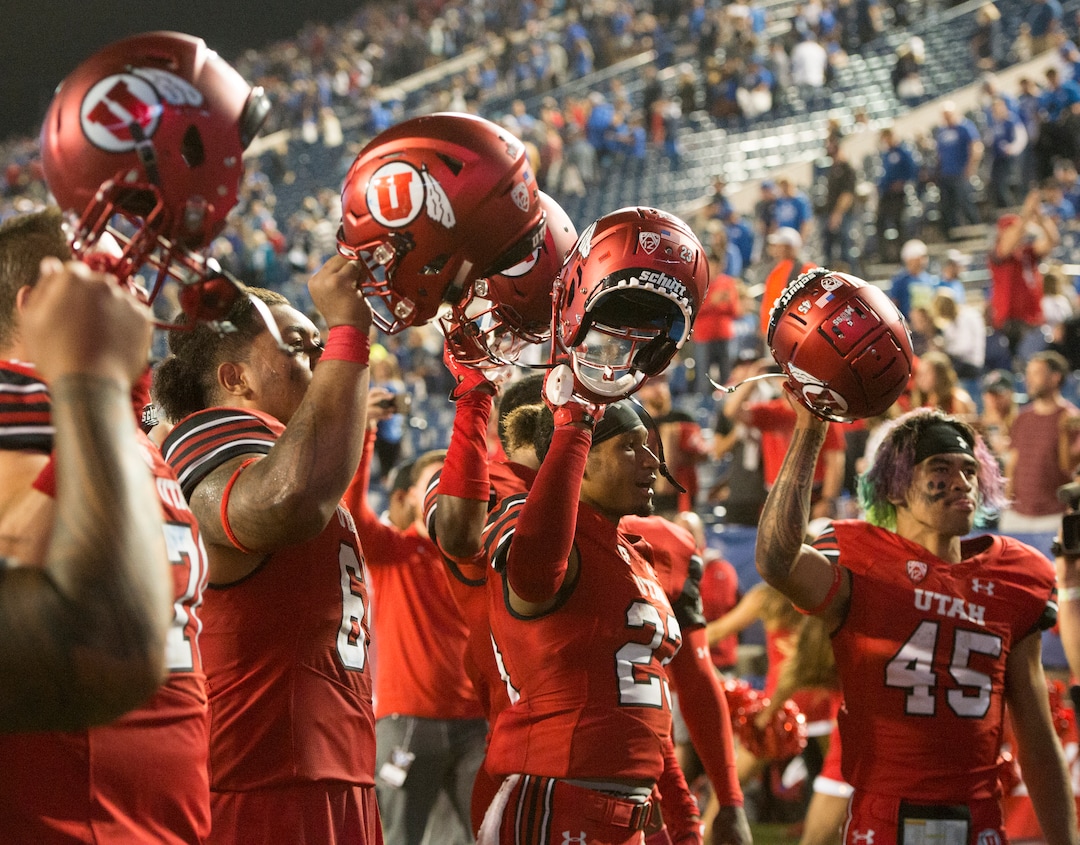 (Rick Egan  |  The Salt Lake Tribune)  The Utah Utes f celebrate their win over BYU, at Lavell Edwards Stadium in Provo, Saturday, September 9, 2017.