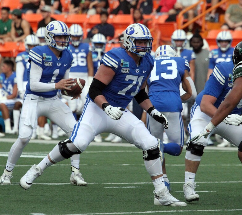 December 24, 2019 - Brigham Young Cougars offensive lineman Blake Freeland (71) provides protection during a game at the SoFi Hawaii Bowl between the Brigham Young Cougars and the Hawaii Rainbow Warriors at the Stan Sheriff Center in Honolulu, HI - Michael Sullivan/CSM.(Credit Image: © Michael Sullivan/CSM via ZUMA Wire) (Cal Sport Media via AP Images)