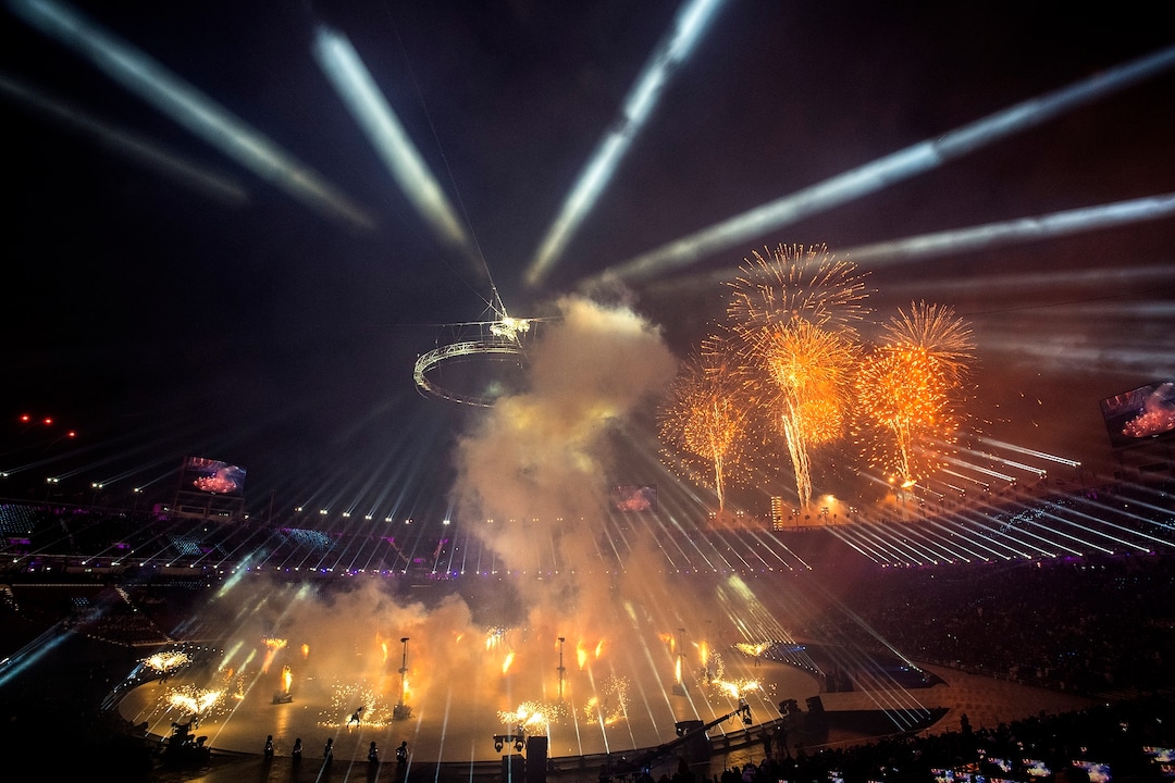 (Chris Detrick  |  The Salt Lake Tribune)  Fireworks explode during the Pyeongchang 2018 Winter Olympics opening ceremony at Olympic Stadium Friday, February 9, 2018.  