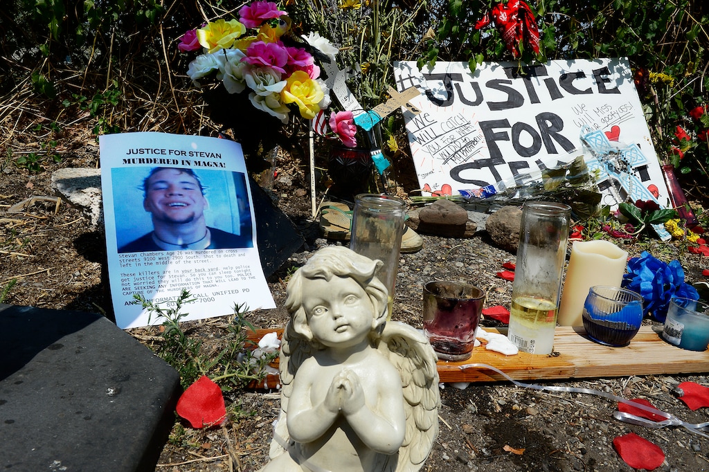 Scott Sommerdorf   |  The Salt Lake TribuneA roadside memorial has been put up for Stevan Chambers near 2900 S, and 9100 W in Magna, Wednesday, August 19, 2015. Chambers was killed Monday, and another body was found Wednesday at nearby Copper Park.