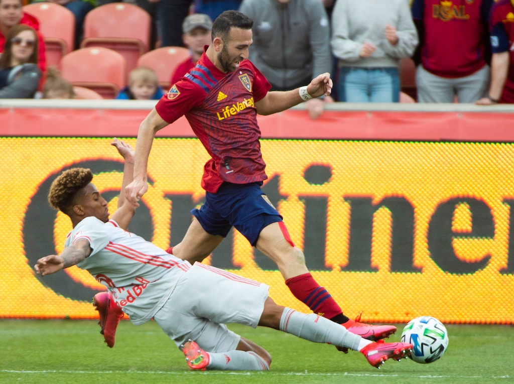 (Rick Egan  |  The Salt Lake Tribune)   New York Red Bulls defender Kyle Duncan (6) knocks the ball from Real Salt Lake forward Justin Meram, in MLS acton between Real Salt Lake and the New York Red Bulls at Rio Tinto Stadium, Saturday, March 7, 2020.