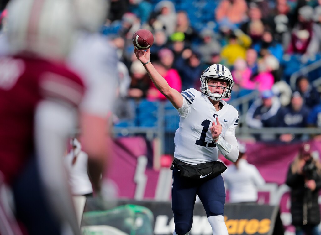 (Jaren Wilkey  |  BYU)  The BYU Football team defeated UMASS 35-16 in Gillette Stadium located in Foxborough, Massachusetts on Saturday, Nov. 10, 2018.