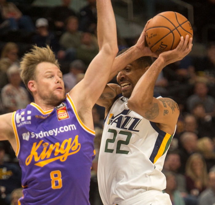 (Rick Egan  |  The Salt Lake Tribune) Utah Jazz forward Thabo Sefolosha (22) works for a shot, as Sydney Kings forward Brad Newley (8) defends, in preseason basketball Utah Jazz vs.Sydney Kings, in Salt Lake City, Sunday, October 2, 2017.


