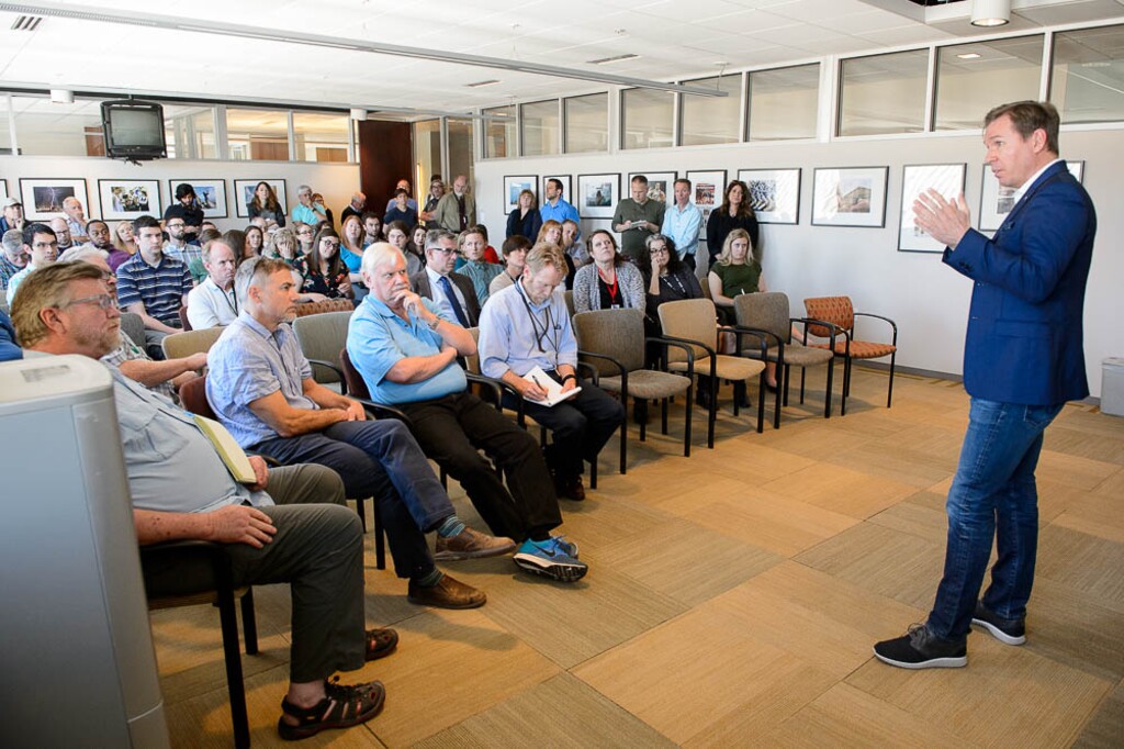 (Trent Nelson | The Salt Lake Tribune)  Paul Huntsman, owner of The Salt Lake Tribune, addresses staff members, Tuesday May 8, 2018.