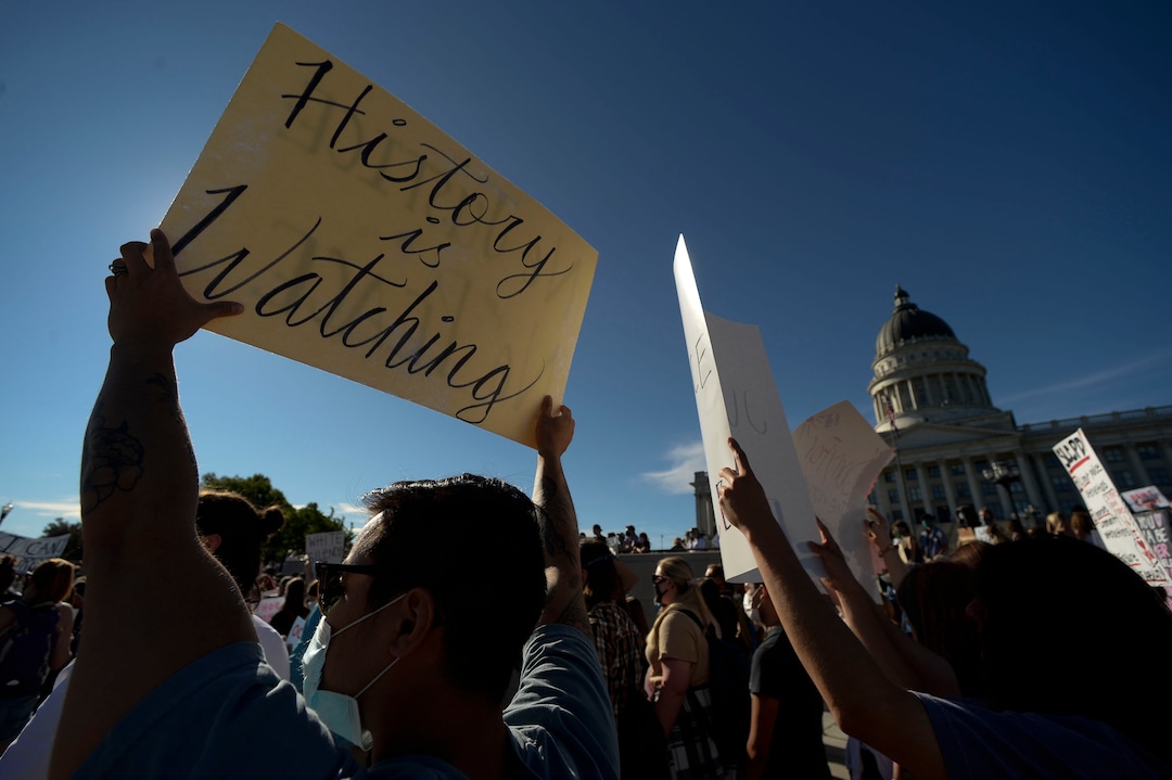 (Leah Hogsten  |  The Salt Lake Tribune) The Party for Socialism and Liberation Salt Lake walks from the Utah Capitol to the Wallace Bennett Federal Building to join forces with another protest group Salt Lake Equal Rights Movement, June 9, 2020.
