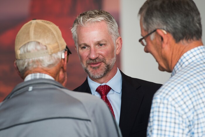 (Leah Hogsten  |  The Salt Lake Tribune) U.S. District Judge Robert Shelby talks with residents attending the meeting in Monticello. Shelby intends to accept new voting districts by December 15. San Juan County residents were presented with proposals of the newly redrawn county commission and school board districts during hearings in Monticello and Bluff, November 16, 2017. The new boundaries could give members of the Navajo Nation a significant majority in two of three commission districts and three of five school board voting districts.