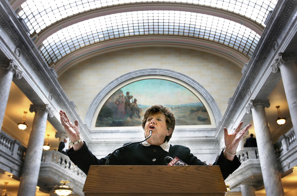 (Scott Sommerdorf | The Salt Lake Tribune) Former Utah Gov. Olene Walker addresses a luncheon in the capitol rotunda in January 2008 about the Olene Walker Housing Loan Fund. Walker received a disproportionate volume of reporting on her background and family life, according to a report released Thursday, July 1, 2021, by the Utah Women and Leadership Project analyzing how newspapers in the state cover female candidate running for office.