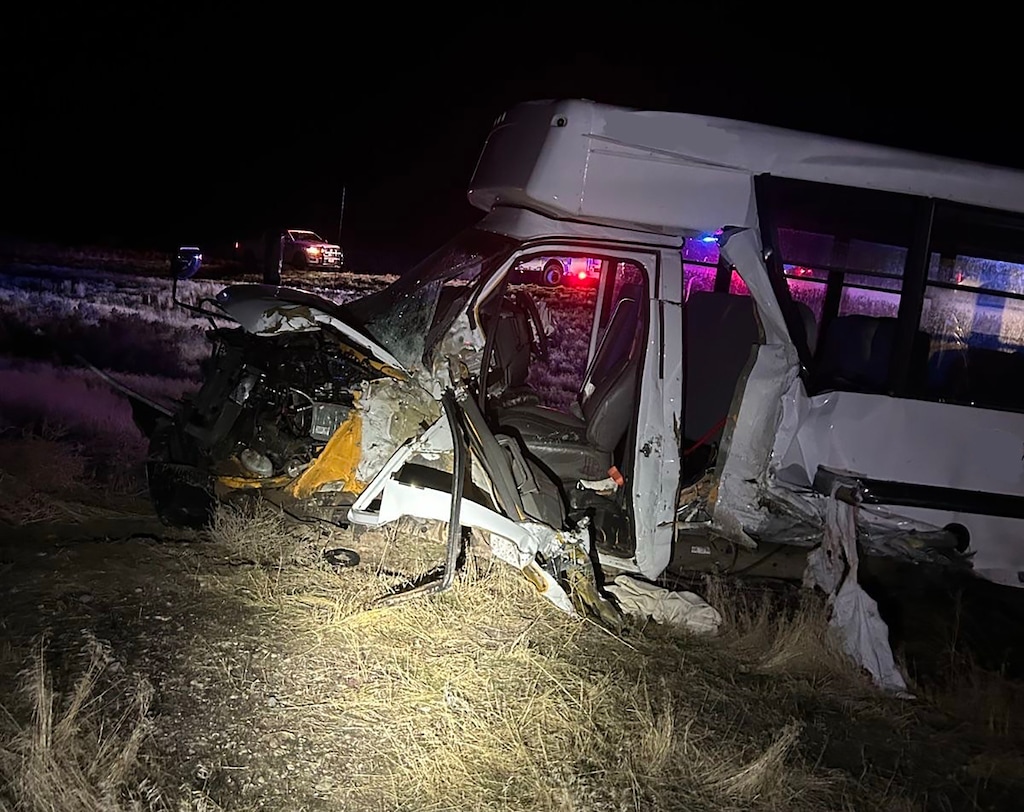 (Utah Highway Patrol) Two buses carrying students from Wasatch Academy were hit by a pickup truck in Mt. Pleasant, Utah, on Friday, Dec. 12, 2025.