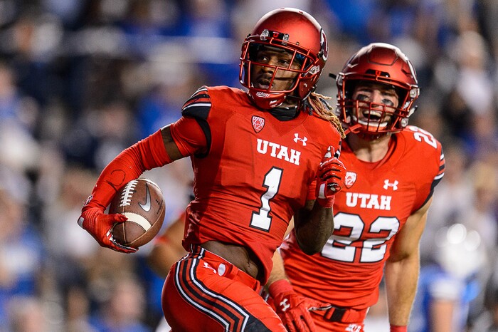 (Trent Nelson | The Salt Lake Tribune)  Utah Utes defensive back Boobie Hobbs (1) celebrates an interception as BYU hosts Utah, NCAA football in Provo, Saturday September 9, 2017.