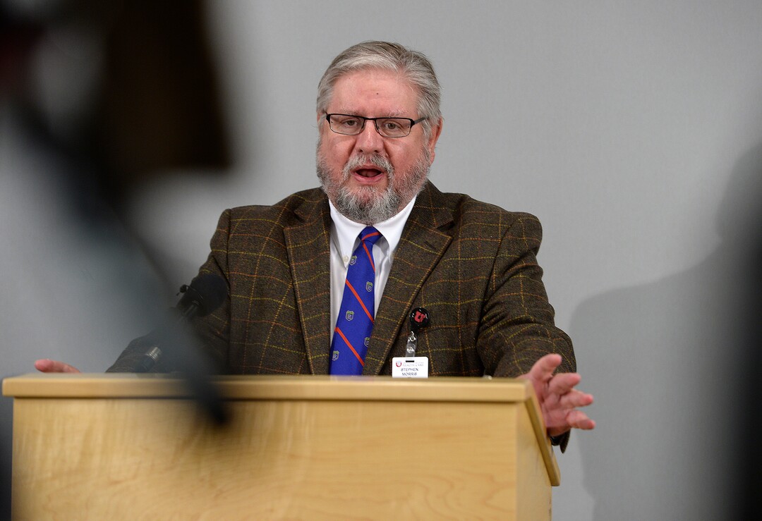 (Scott Sommerdorf   |  The Salt Lake Tribune)   Stephen Morris, Professor of General Surgery, speaks at a press conference held at the U of U Medical Center regarding policy changes resulting from the arrest of nurse Alex Wubbels, Monday, September 4, 2017. 