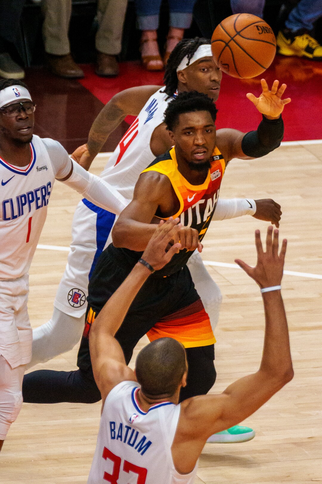 (Trent Nelson  |  The Salt Lake Tribune) Utah Jazz guard Donovan Mitchell (45) passes the ball as the Utah Jazz host the Los Angeles Clippers in a Game 5 matchup, NBA basketball in Salt Lake City on Wednesday, June 16, 2021.