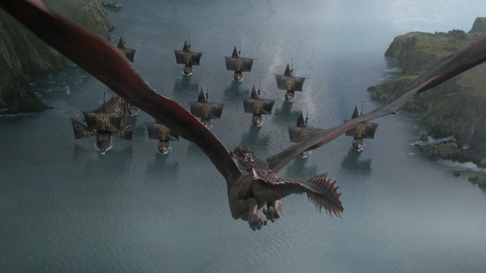 (Photo courtesy HBO) The last of the dragons flies toward the Iron Fleet in the "Game of Thrones" episode "The Last of the Starks."