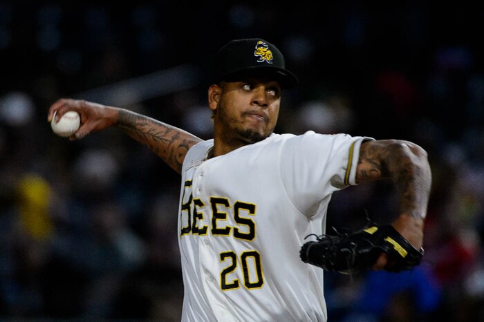(Trent Nelson | The Salt Lake Tribune)  Salt Lake Bees vs. Albuquerque Isotopes, Triple-A baseball in Salt Lake City, Thursday April 5, 2018. Salt Lake's Felix Pena in the fourth inning.