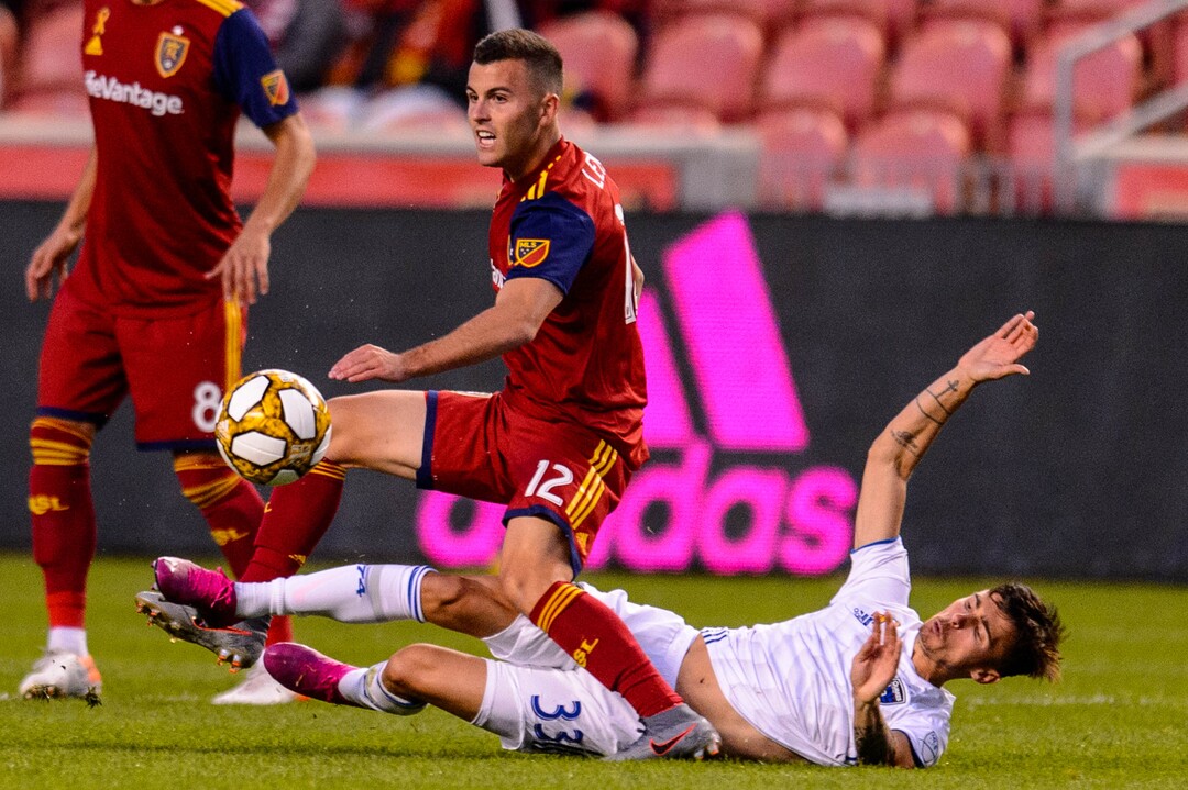 (Trent Nelson  |  The Salt Lake Tribune)  Real Salt Lake forward Brooks Lennon (12) and San Jose Earthquakes defender Paul Marie (33) as Real Salt Lake hosts the San Jose Earthquakes, MLS soccer at Rio Tinto Stadium in Sandy on Wednesday Sept. 11, 2019.