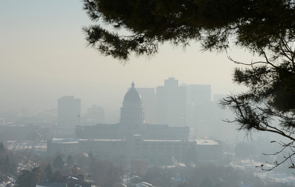 Scott Sommerdorf   |  The Salt Lake Tribune  Looking south past the Utah State Capitol building, and into the inversion blanketing the Salt Lake valley, Thursday, December 29, 2016.