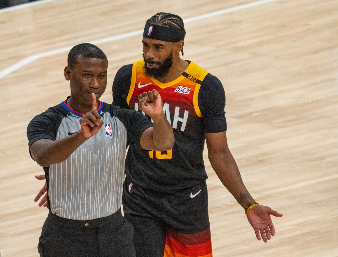 (Rick Egan | The Salt Lake Tribune)Utah Jazz guard Mike Conley (10) has a few words with referee James Williams (60), in NBA Playoff game 2, between the Utah Jazz and the Memphis Grizzlies at Vivint Arena, on Wednesday, May 26, 2021.
