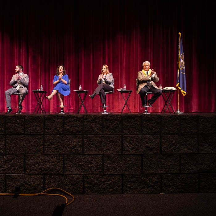 (Trent Nelson | The Salt Lake Tribune)  
The four candidates for Salt Lake County mayor face off in a debate at Jordan High School in Sandy on Thursday Jan. 24, 2019. From left, Arlyn Bradshaw, Shireen Ghorbani, Jenny Wilson, and Stone Fonua.