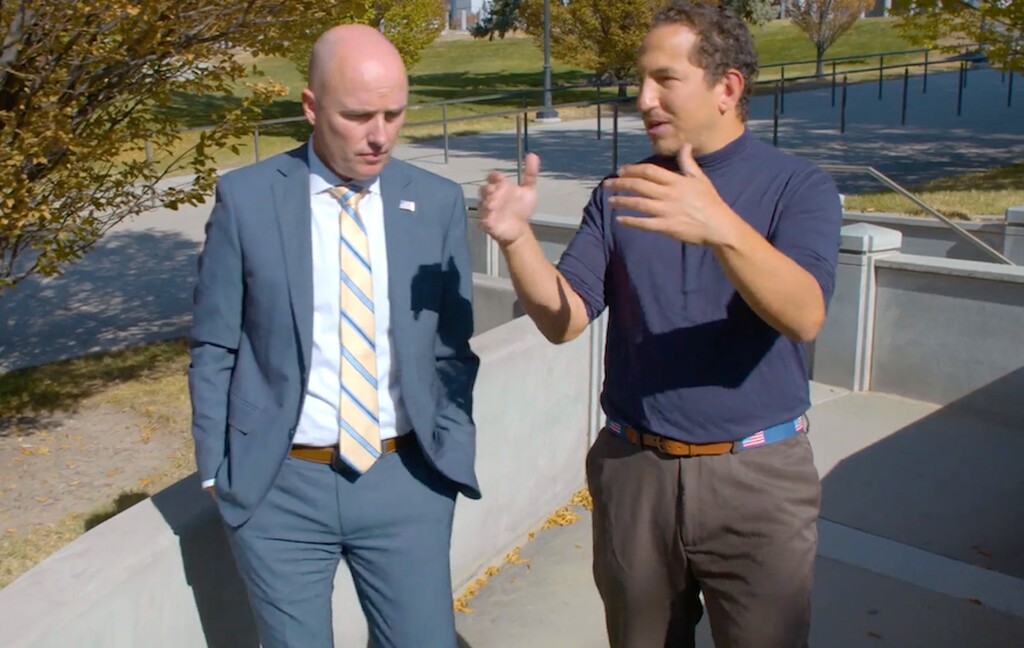(Breaking Bread with Alexander Heffner) Gov. Spencer Cox and Alexander Heffner on the grounds of the Utah Capitol, as seen in the series "Breaking Bread With Alexander Heffner" on Bloomberg News.