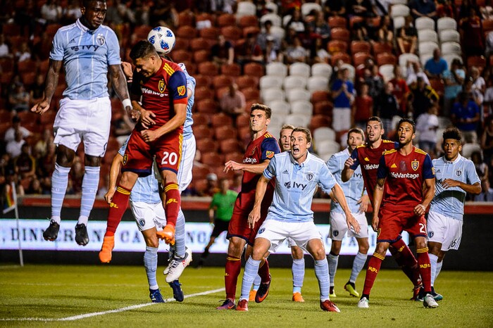 (Trent Nelson | The Salt Lake Tribune)
Real Salt Lake midfielder Luis Silva (20) heads the ball on a corner kick as Real Salt Lake hosts Sporting Kansas City in a U.S. Open Cup match in Sandy, Wednesday June 6, 2018.