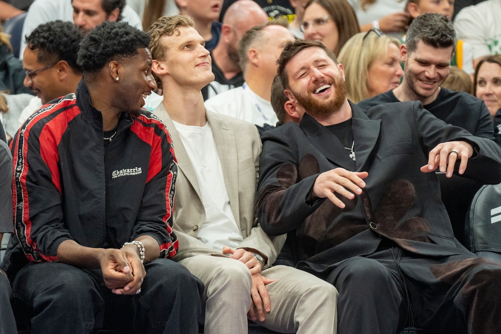 (Rick Egan | The Salt Lake Tribune) Utah Jazz players Jaren Jackson Jr., Lauri Markkanen and Jusuf Nurkic share a laugh as they sit on the bench during Friday's game against hte Memphis Grizzlies.
