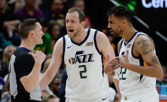 (Francisco Kjolseth  |  The Salt Lake Tribune)  Utah Jazz forward Joe Ingles (2) and Utah Jazz forward Thabo Sefolosha (22) argue with referee JB DeRosa (62) as the Utah Jazz host the Sacramento Kings in their NBA game at Vivint Smart Home Arena Friday, April 5, 2019, in Salt Lake City.