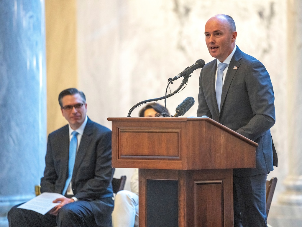 (Rick Egan | The Salt Lake Tribune) Utah State Treasurer Marlo Oaks, listens as Gov. Spencer Cox, speaks at the swearing-in ceremony at the Capitol Rotunda, July 20, 2021.