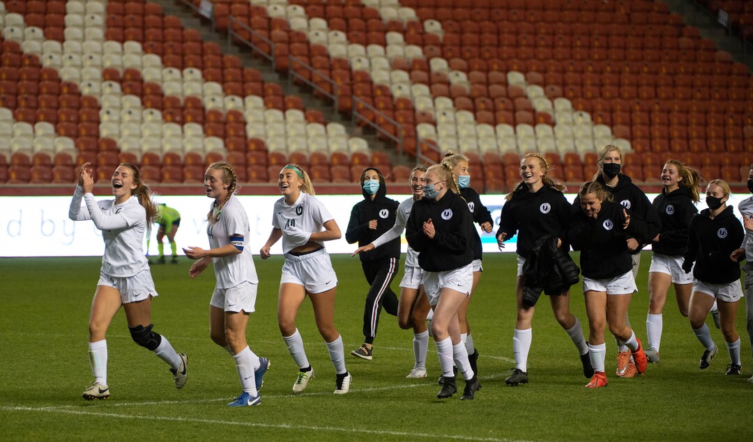 (Francisco Kjolseth  |  The Salt Lake Tribune) Olympus celebrates their win over Bonneville in overtime following their 5A high school girls championship game at Rio Tinto Stadium in Sandy on Friday, Oct. 23, 2020. Bonneville won 1-0 in overtime.