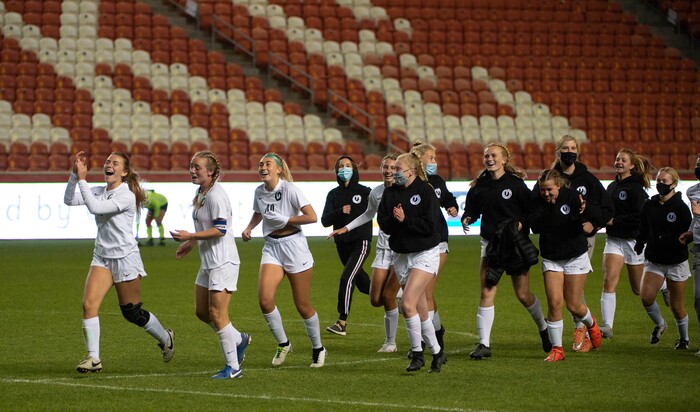 (Francisco Kjolseth  |  The Salt Lake Tribune) Olympus celebrates their win over Bonneville in overtime following their 5A high school girls championship game at Rio Tinto Stadium in Sandy on Friday, Oct. 23, 2020. Bonneville won 1-0 in overtime.